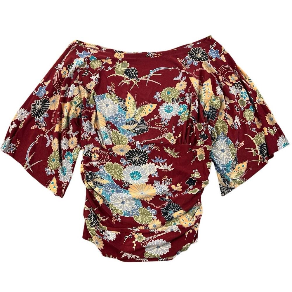 Y2K Closet Butterfly Floral Kimono Sleeve Top Ruched Waist Burgundy - L